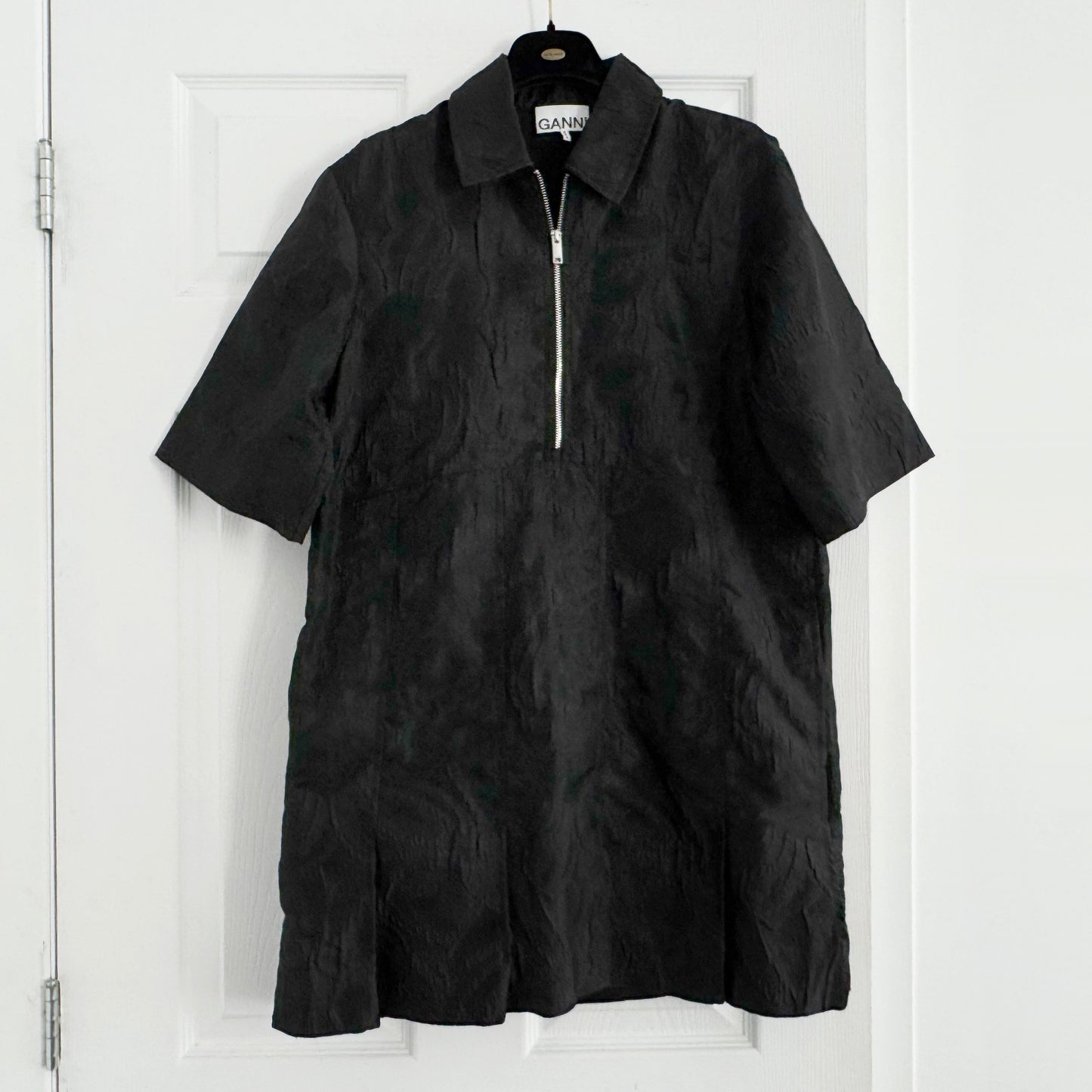 Ganni Textured Jacquard Mini Dress in Black, size 34