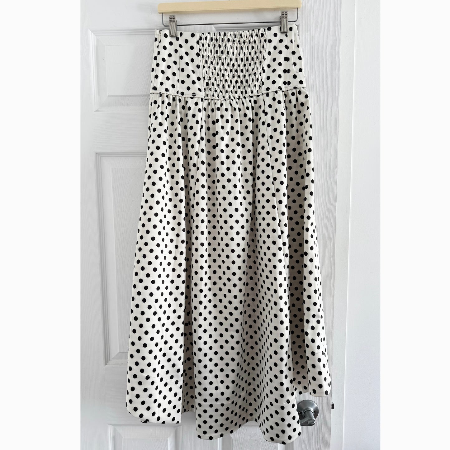 Ganni Polka Dot Satin Skirt in White/Black, size 38