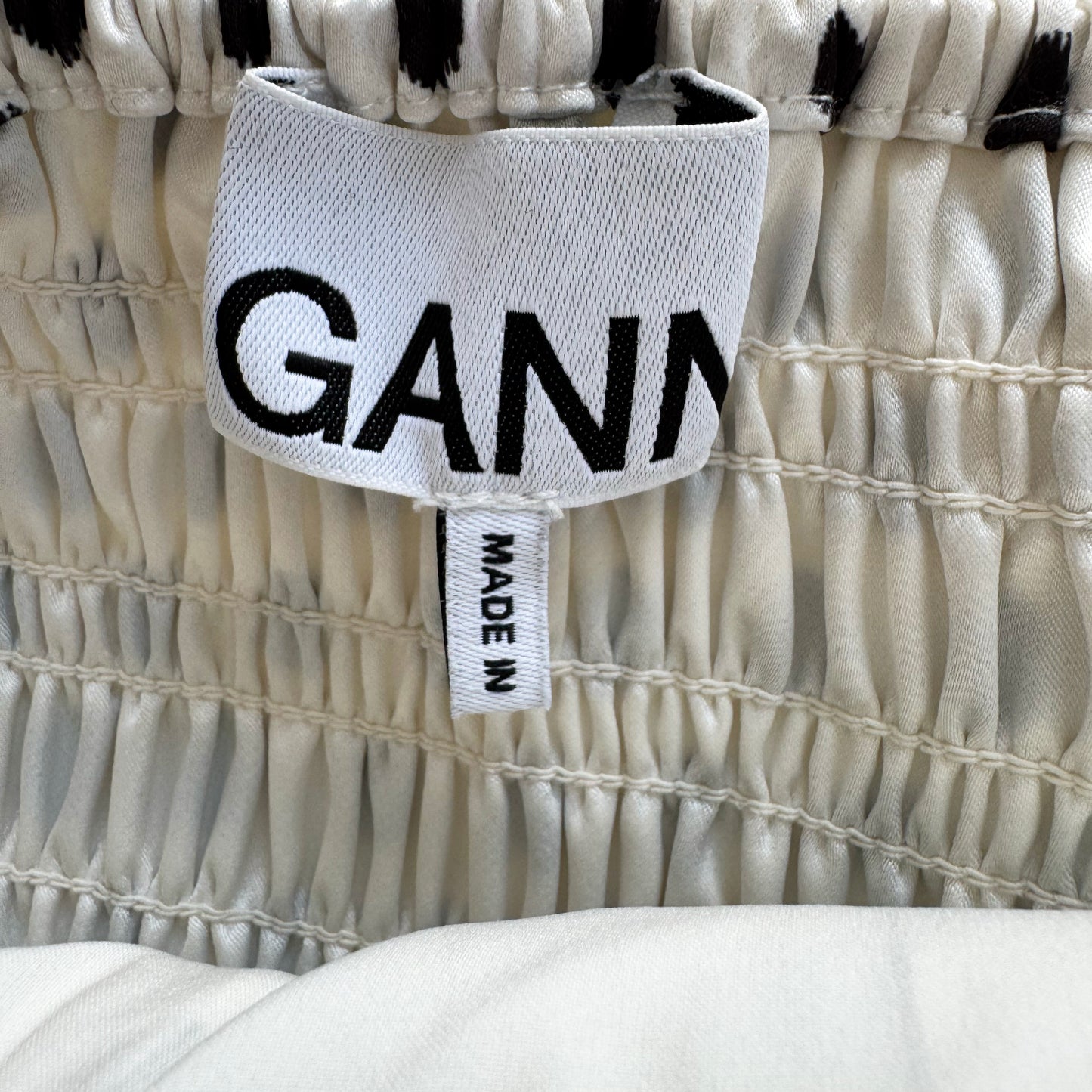 Ganni Polka Dot Satin Skirt in White/Black, size 38