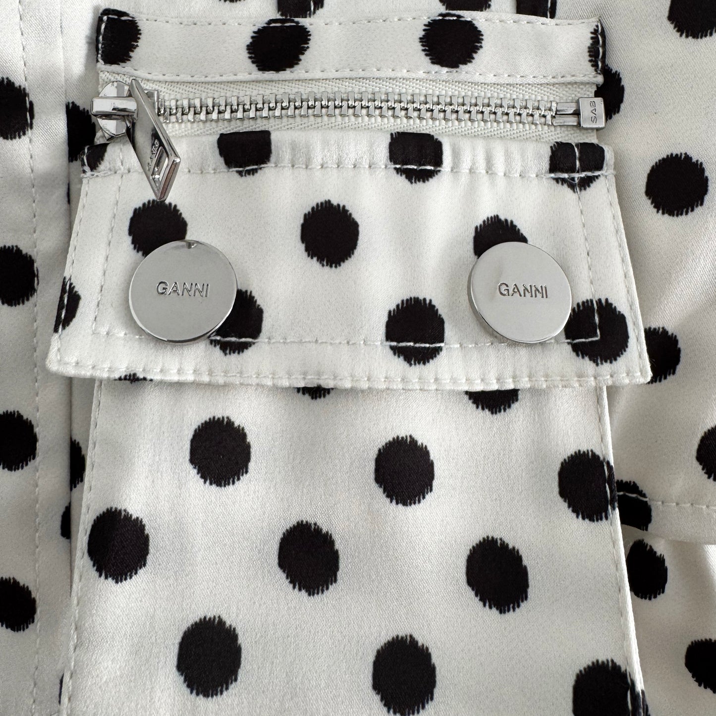 Ganni Polka Dot Satin Skirt in White/Black, size 38