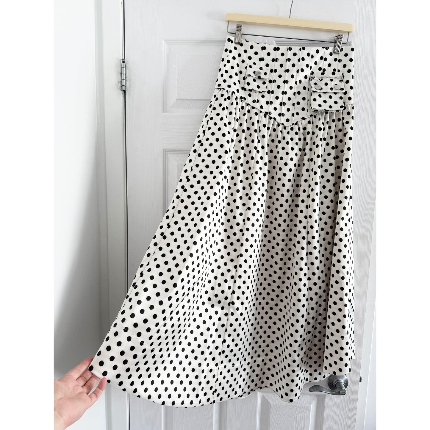 Ganni Polka Dot Satin Skirt in White/Black, size 38