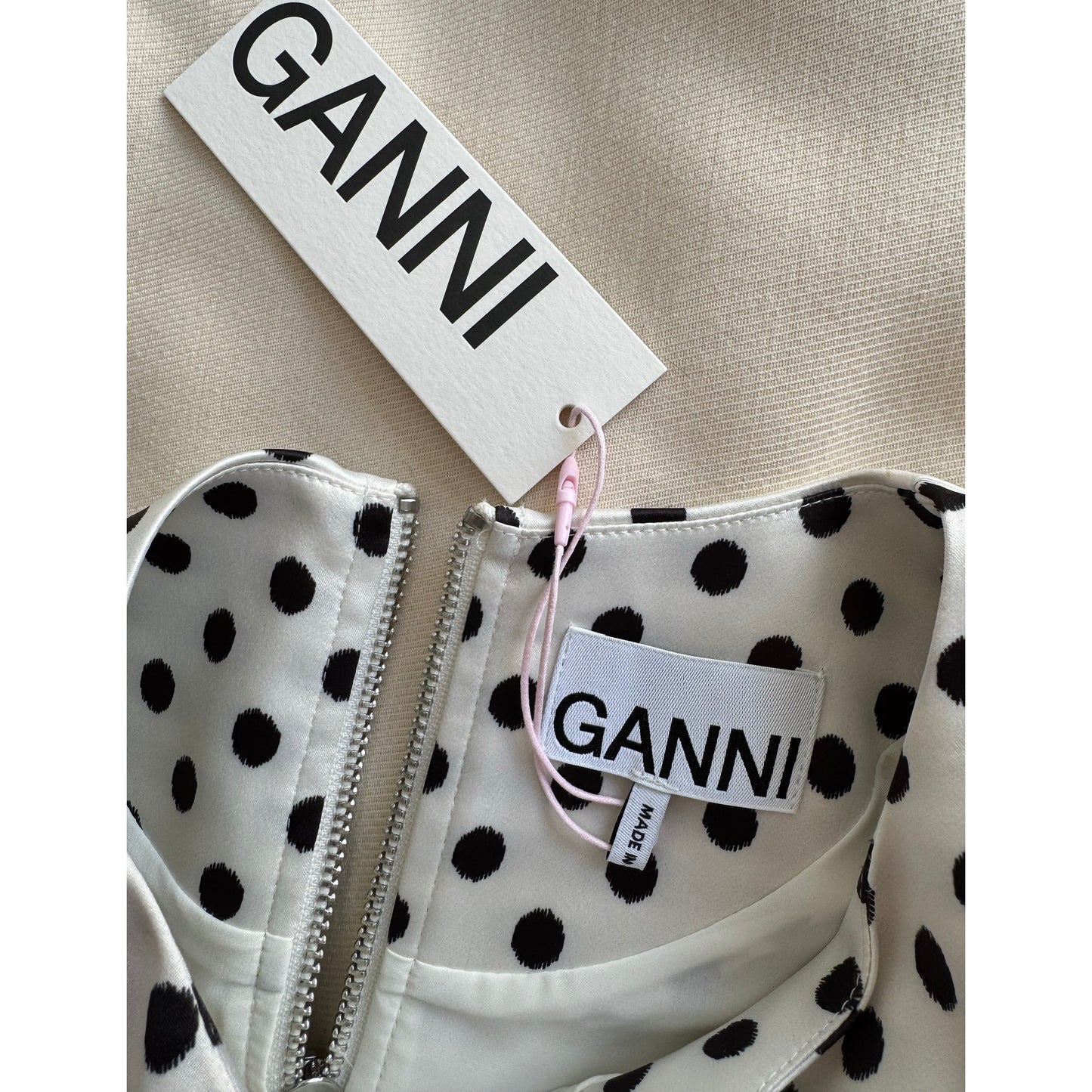 Ganni Polka Dot Satin Corset Top in White/Black, size 36