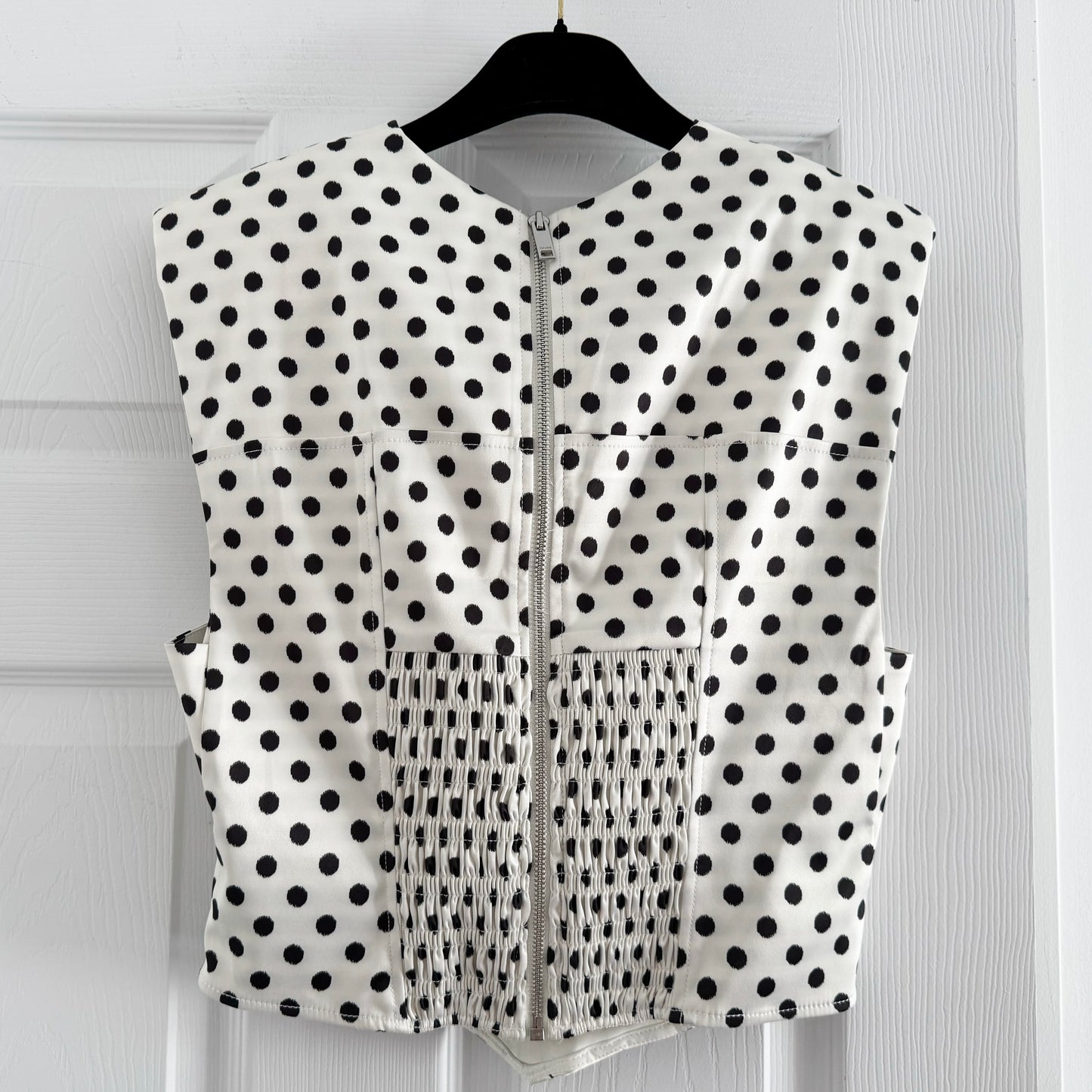Ganni Polka Dot Satin Corset Top in White/Black, size 36