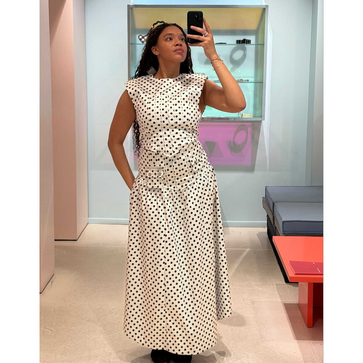 Ganni Polka Dot Satin Skirt in White/Black, size 38