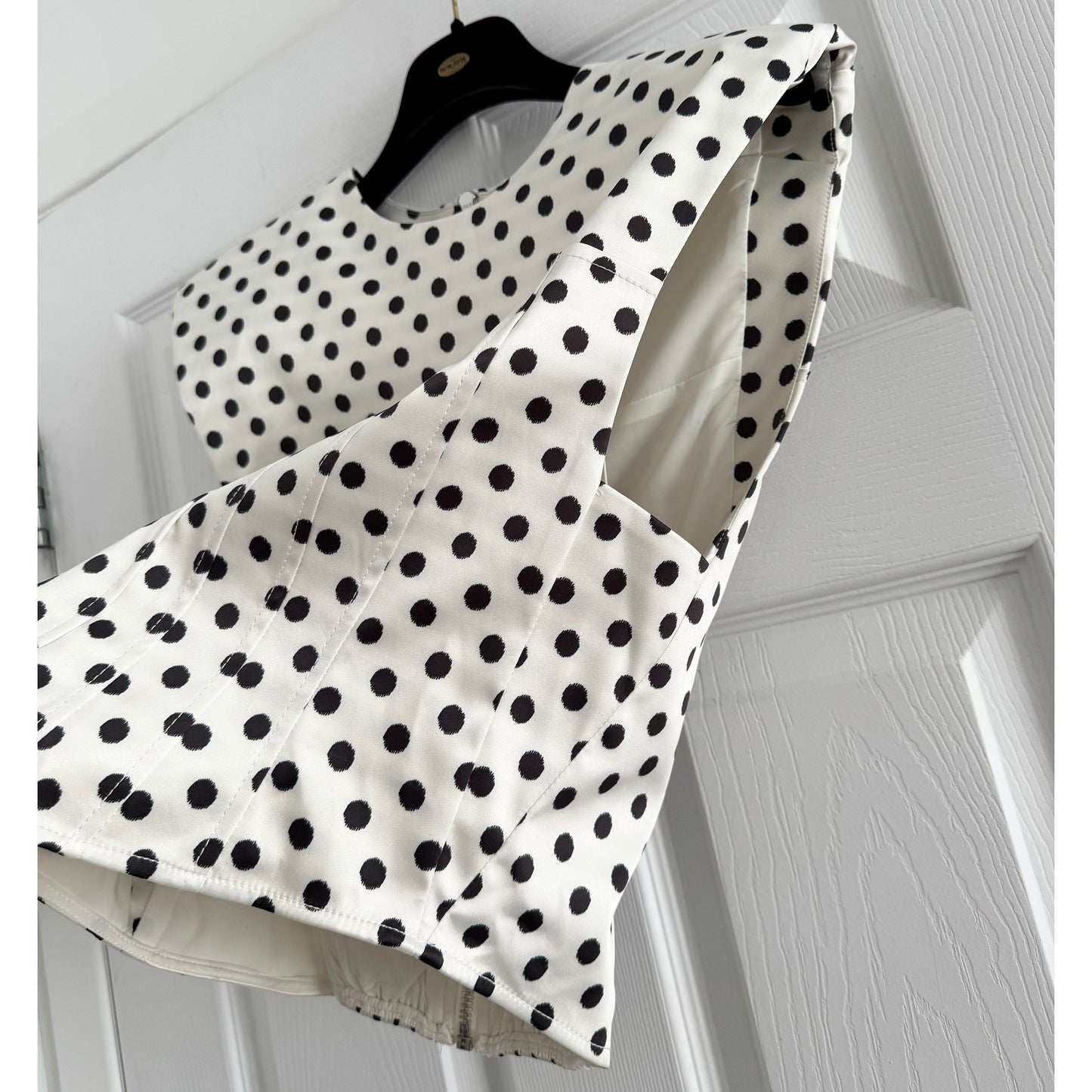 Ganni Polka Dot Satin Corset Top in White/Black, size 36
