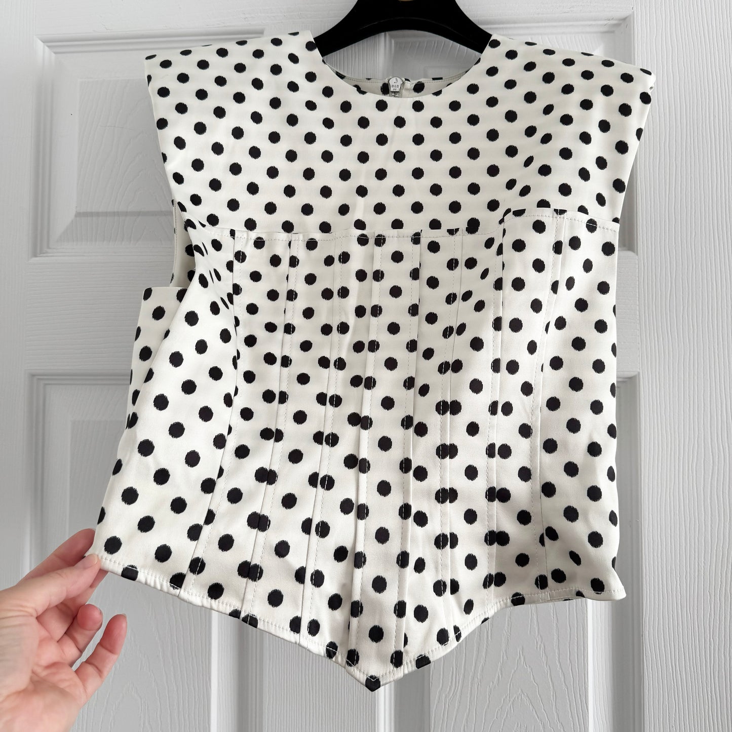 Ganni Polka Dot Satin Corset Top in White/Black, size 36