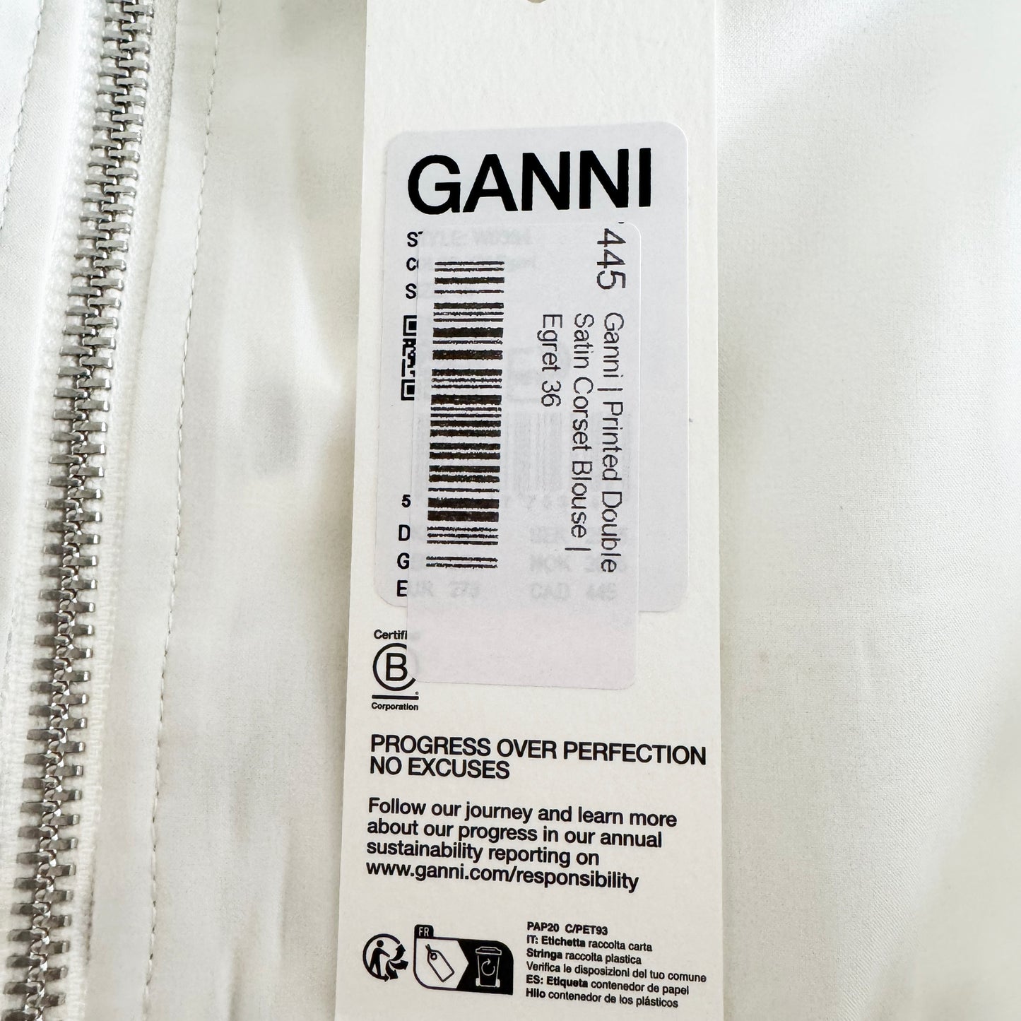Ganni Polka Dot Satin Corset Top in White/Black, size 36