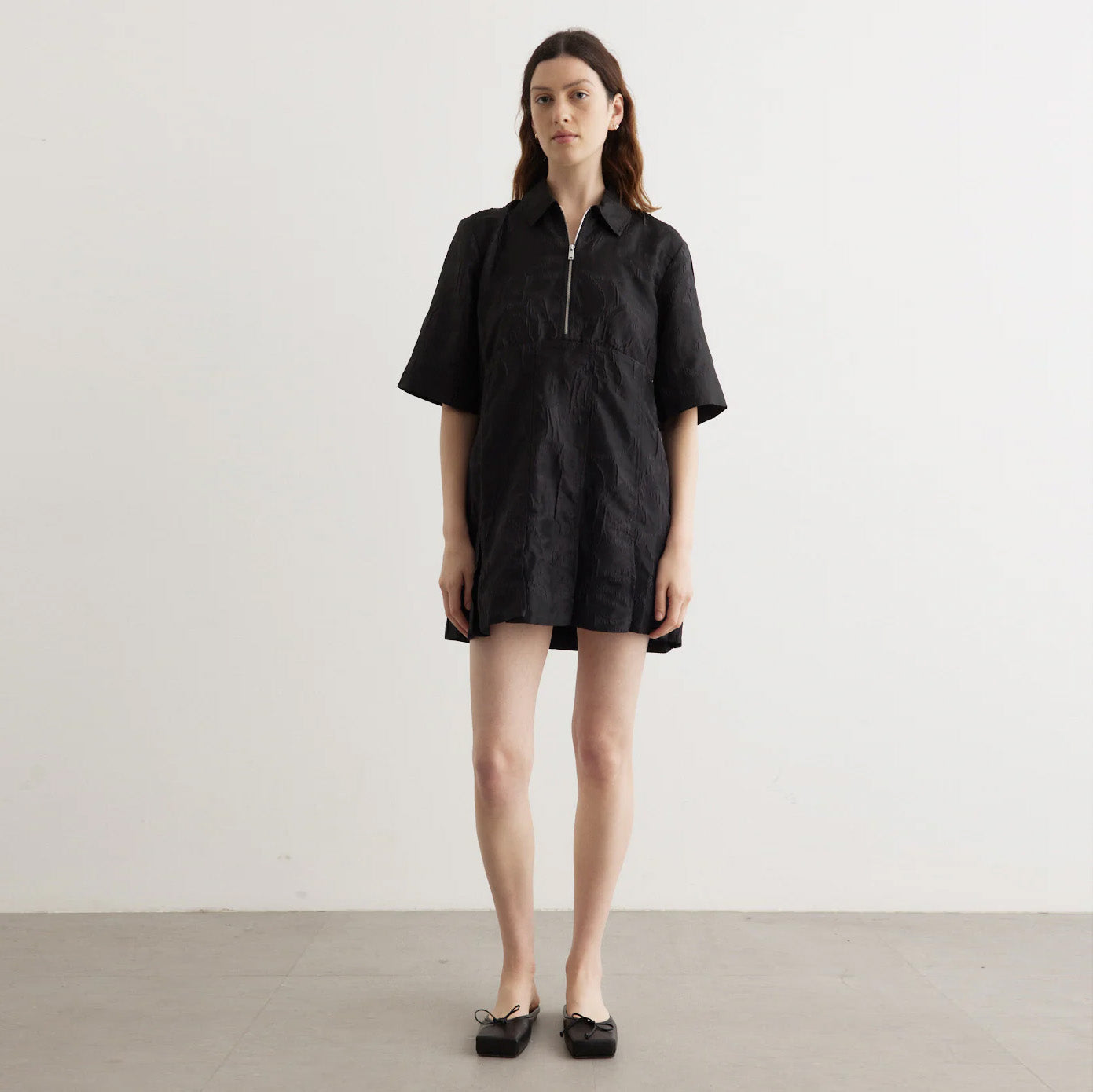 Ganni Textured Jacquard Mini Dress in Black, size 34