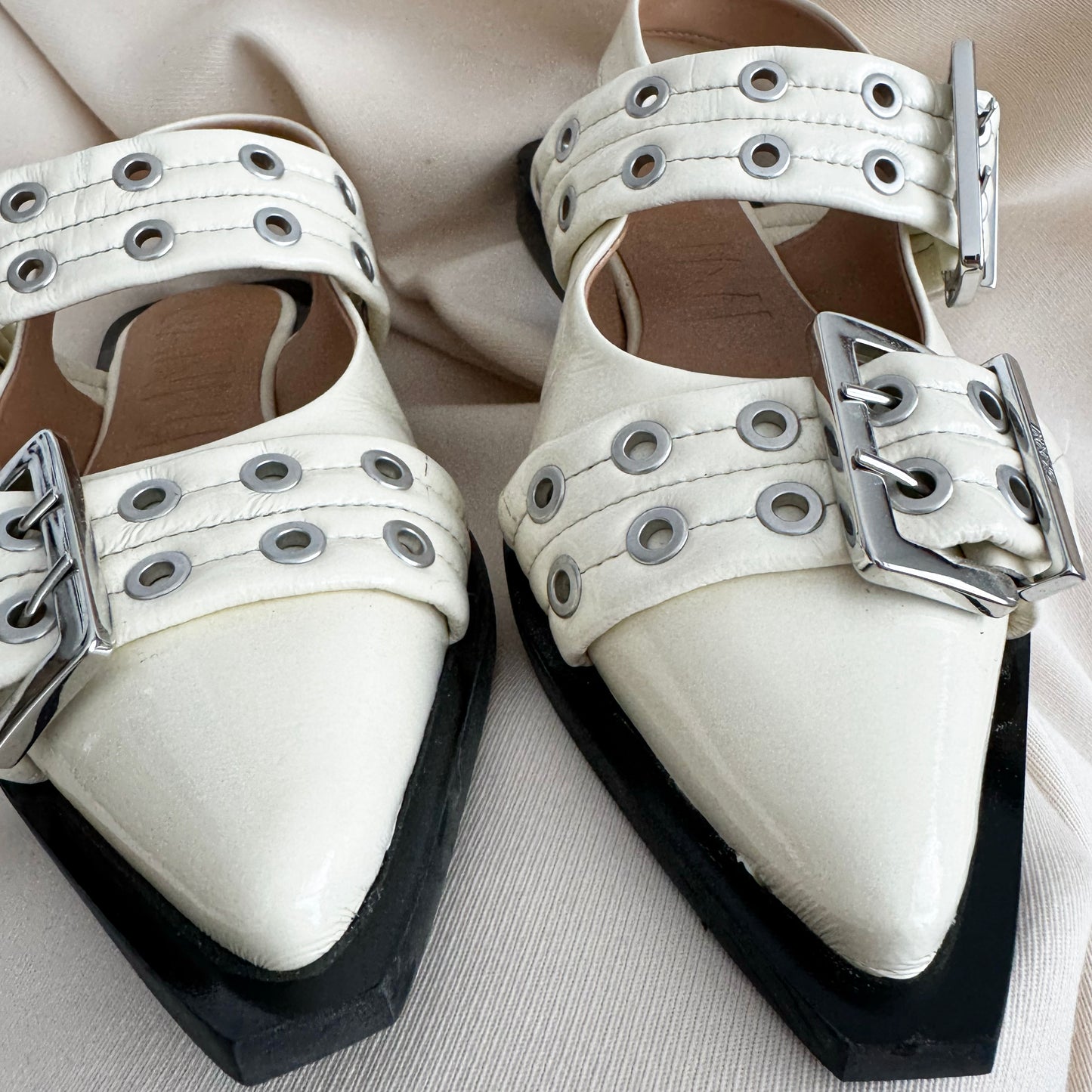 Ganni Patent Leather Buckle Flats in Ivory, size 39