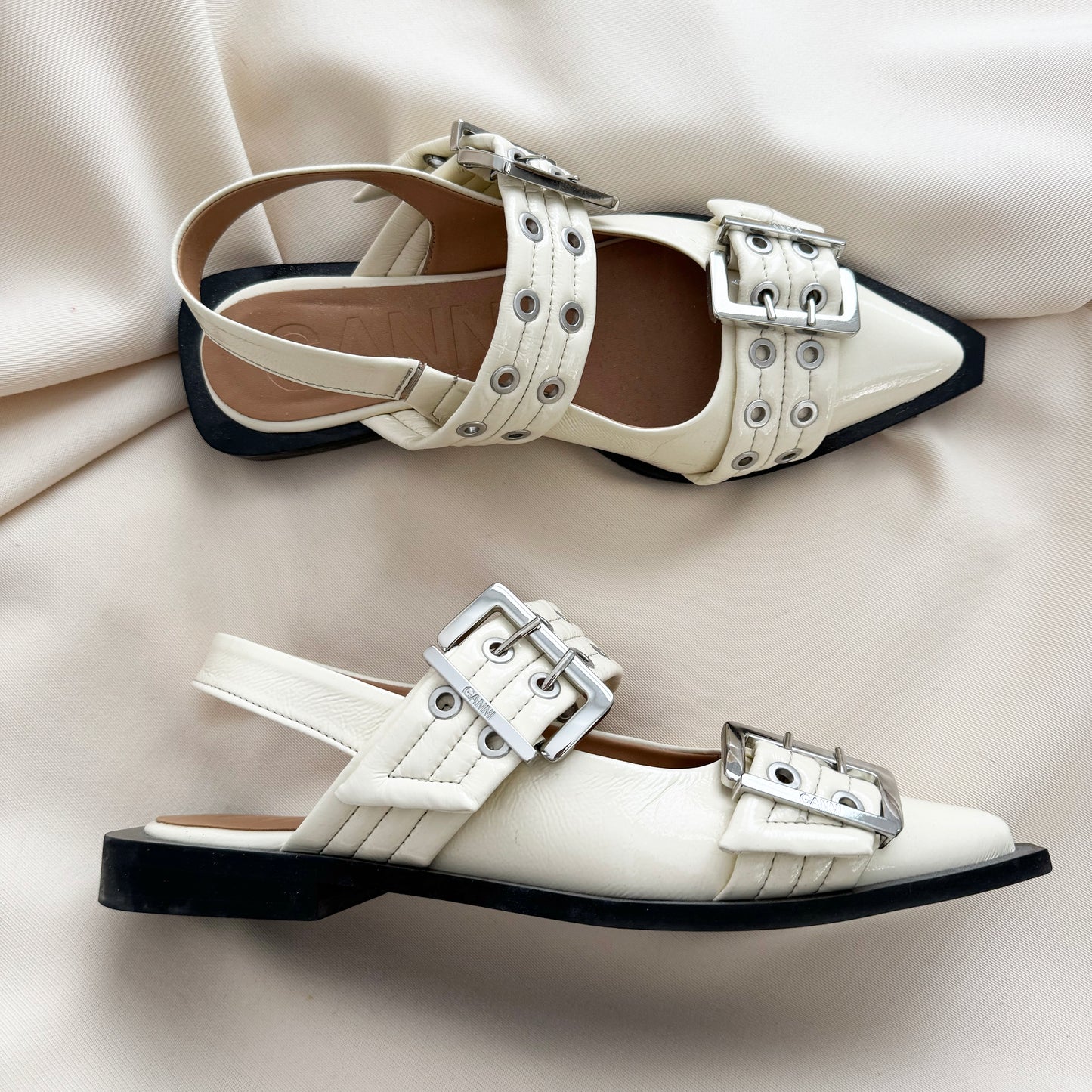 Ganni Patent Leather Buckle Flats in Ivory, size 39