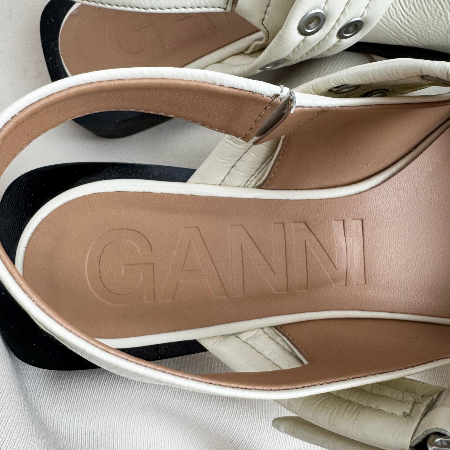 Ganni Patent Leather Buckle Flats in Ivory, size 39