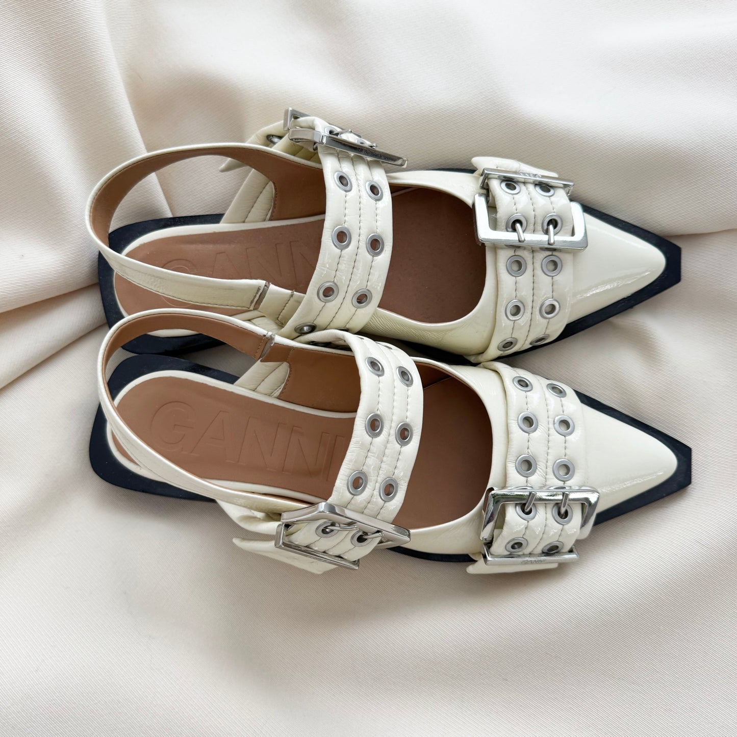 Ganni Patent Leather Buckle Flats in Ivory, size 39