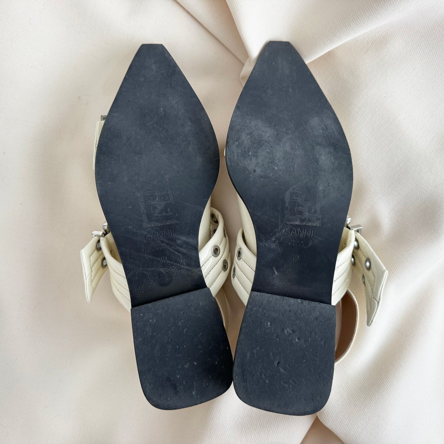 Ganni Patent Leather Buckle Flats in Ivory, size 39