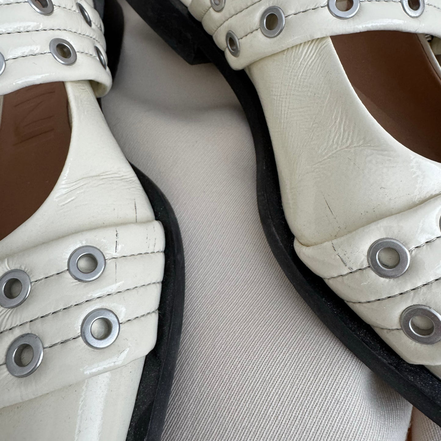Ganni Patent Leather Buckle Flats in Ivory, size 39
