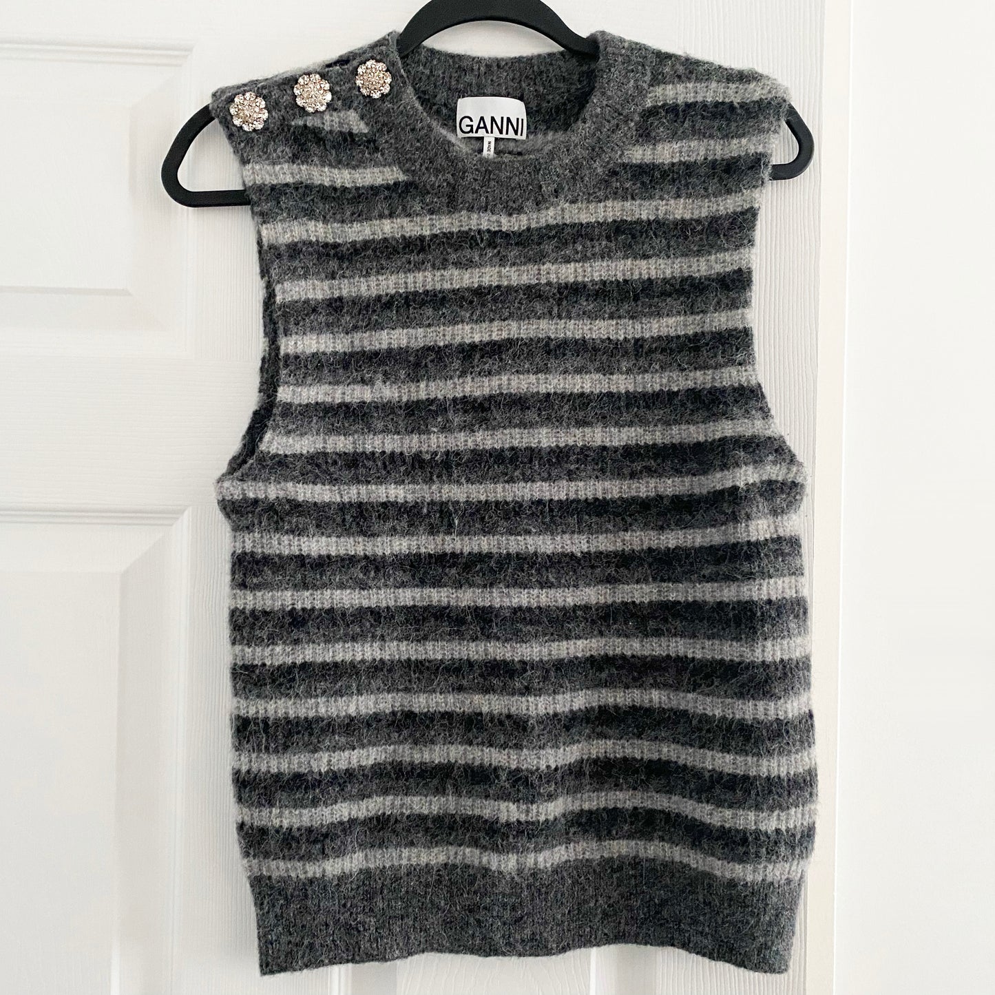 Ganni Striped Sleeveless Knit in Paloma Grey, size Small