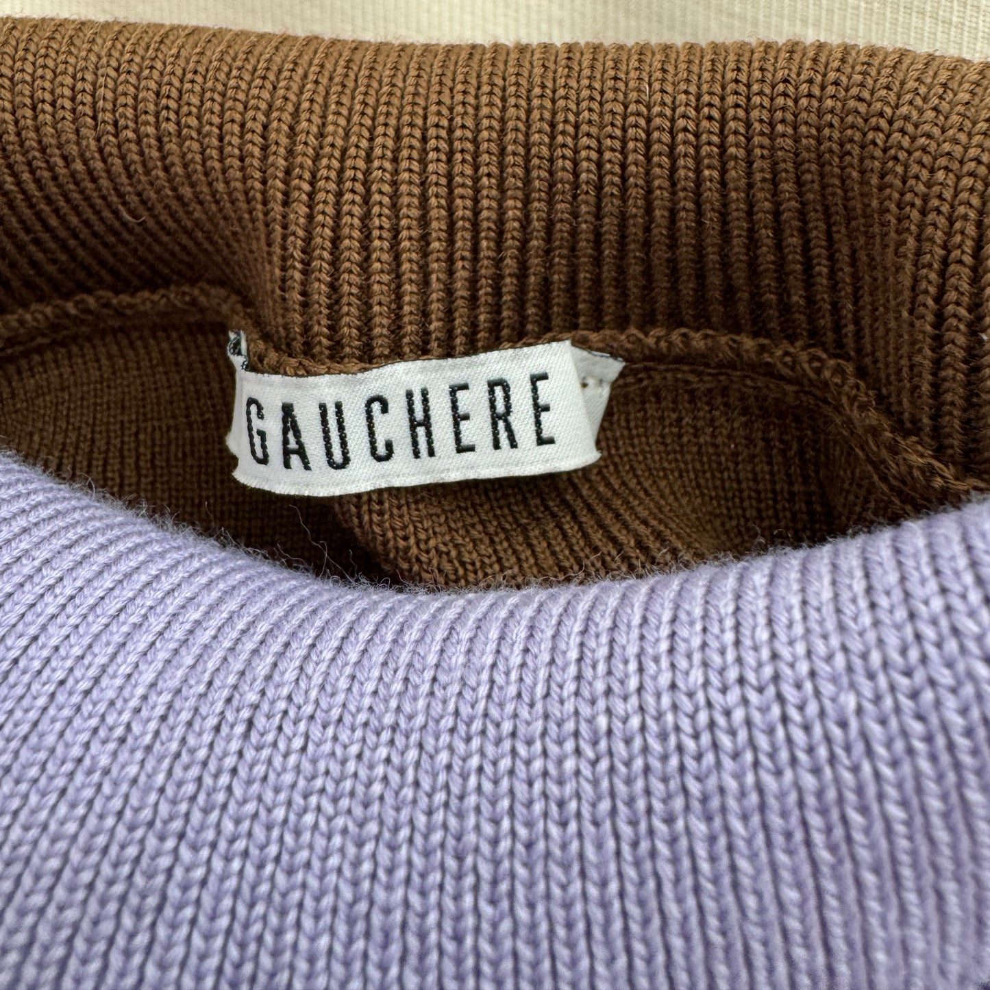 Gauchere Colourblock Merino Turtleneck in Lilac/Khaki, size Small
