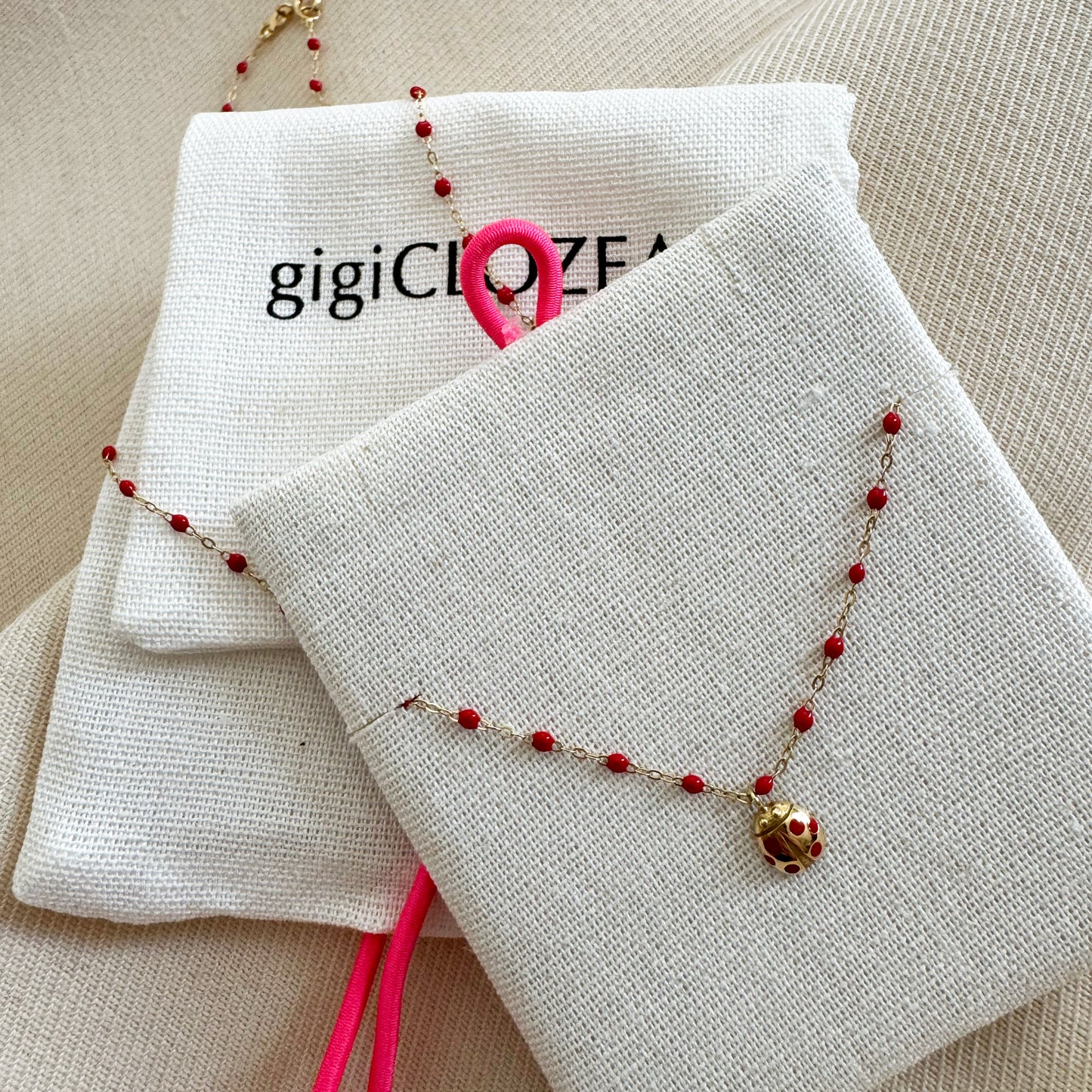 Gigi Clozeau 16.5" Necklace w Ladybug Charm in Poppy Red