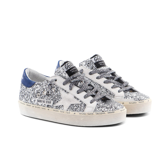 Golden Goose "Hi-Star" Sneaker in Silver Glitter, size 39