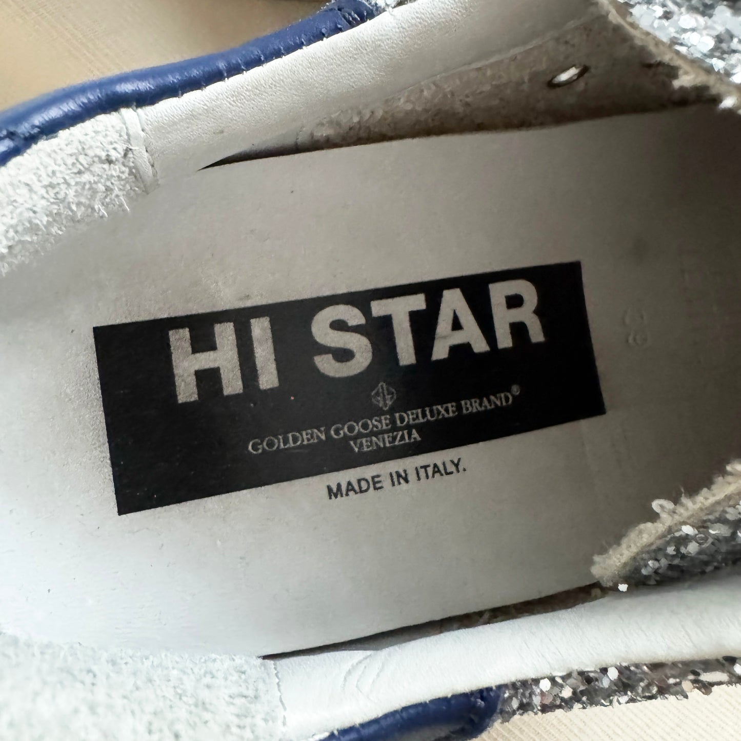 Golden Goose "Hi-Star" Sneaker in Silver Glitter, size 39