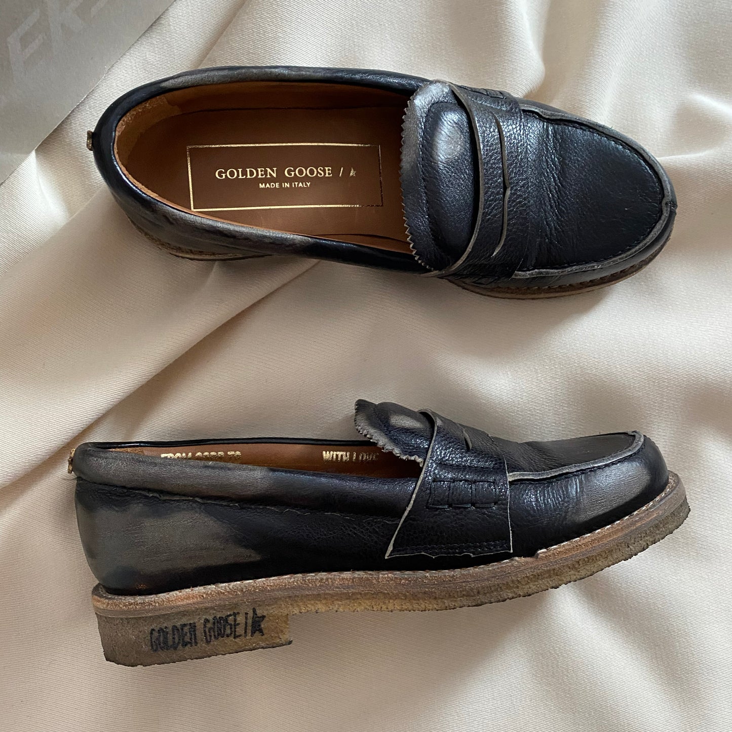 Golden Goose "Jerry" Distressed Leather Loafers in Black, size 36