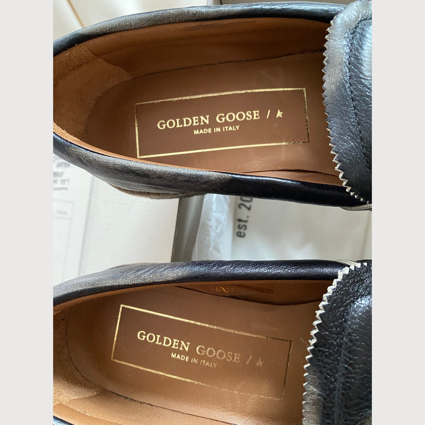 Golden Goose "Jerry" Distressed Leather Loafers in Black, size 36