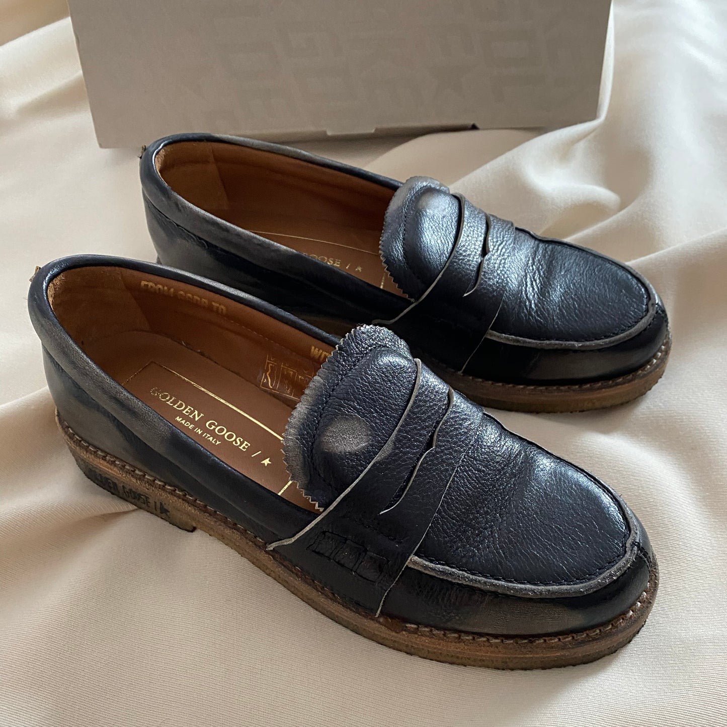 Golden Goose "Jerry" Distressed Leather Loafers in Black, size 36