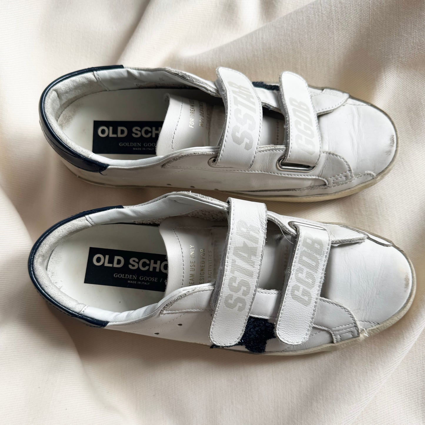 Golden Goose "Old School" Sneakers in White/Navy, size 38