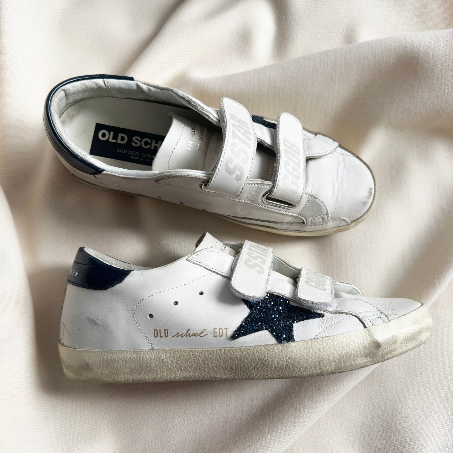 Golden Goose "Old School" Sneakers in White/Navy, size 38