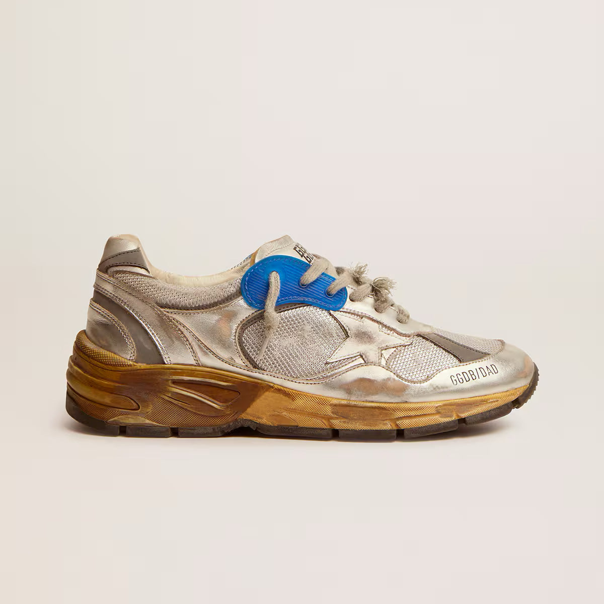 Golden Goose Dad Star Sneaker in Silver/Blue, size 38