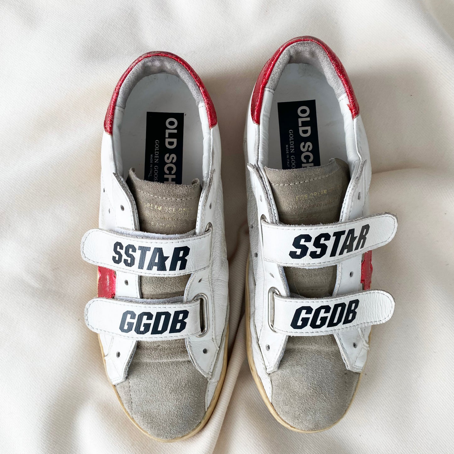 Golden Goose "Old School" Sneakers in Red/White/Taupe, size 38