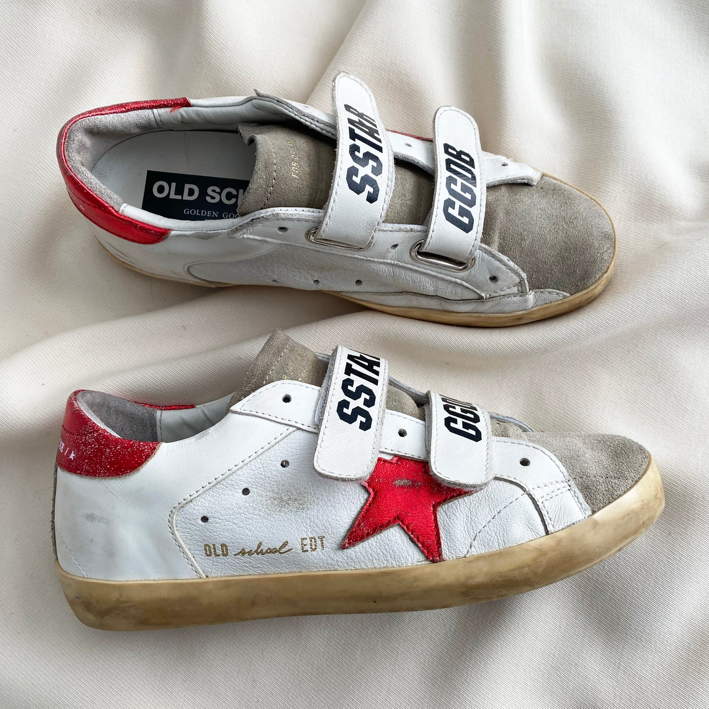 Golden Goose "Old School" Sneakers in Red/White/Taupe, size 38