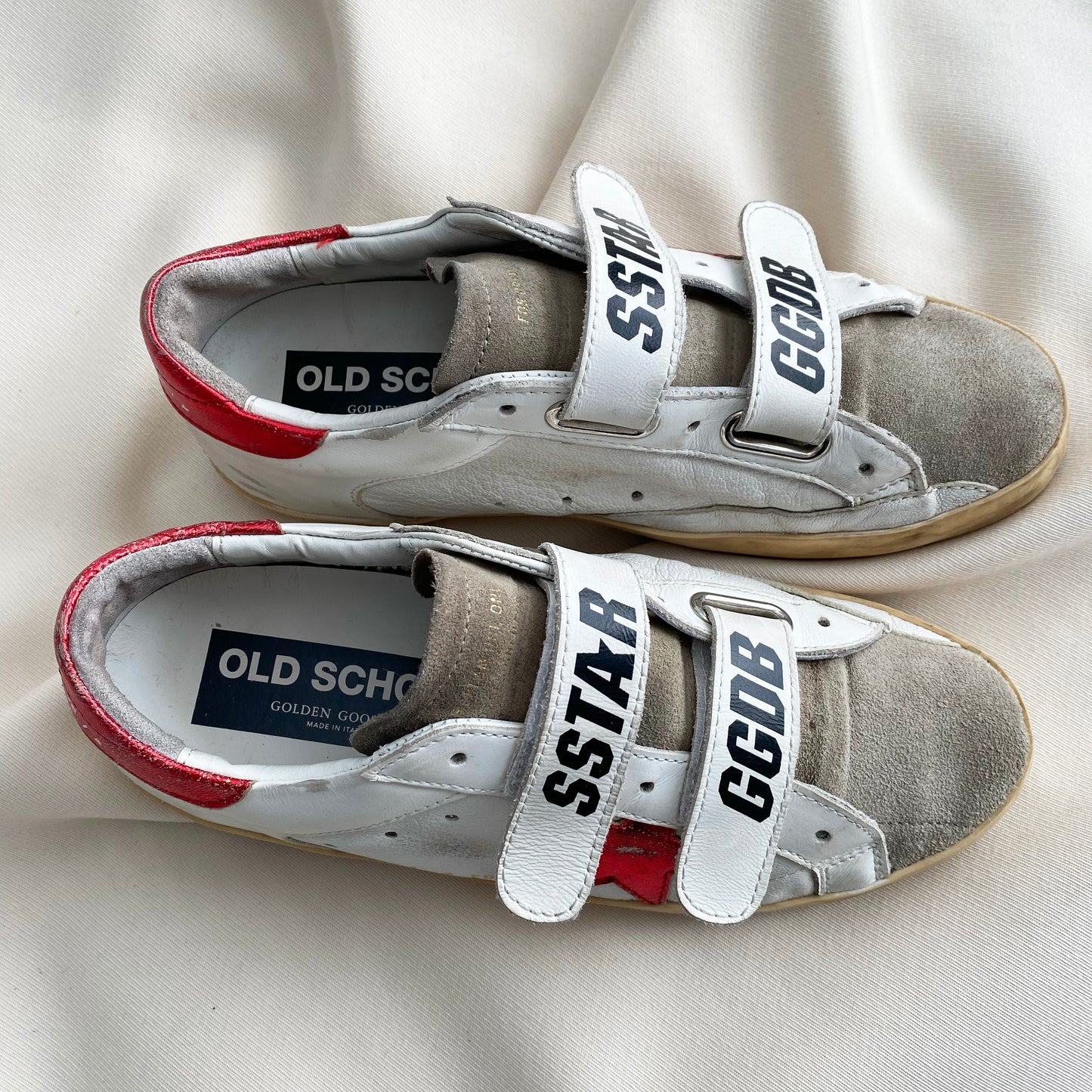 Golden Goose "Old School" Sneakers in Red/White/Taupe, size 38