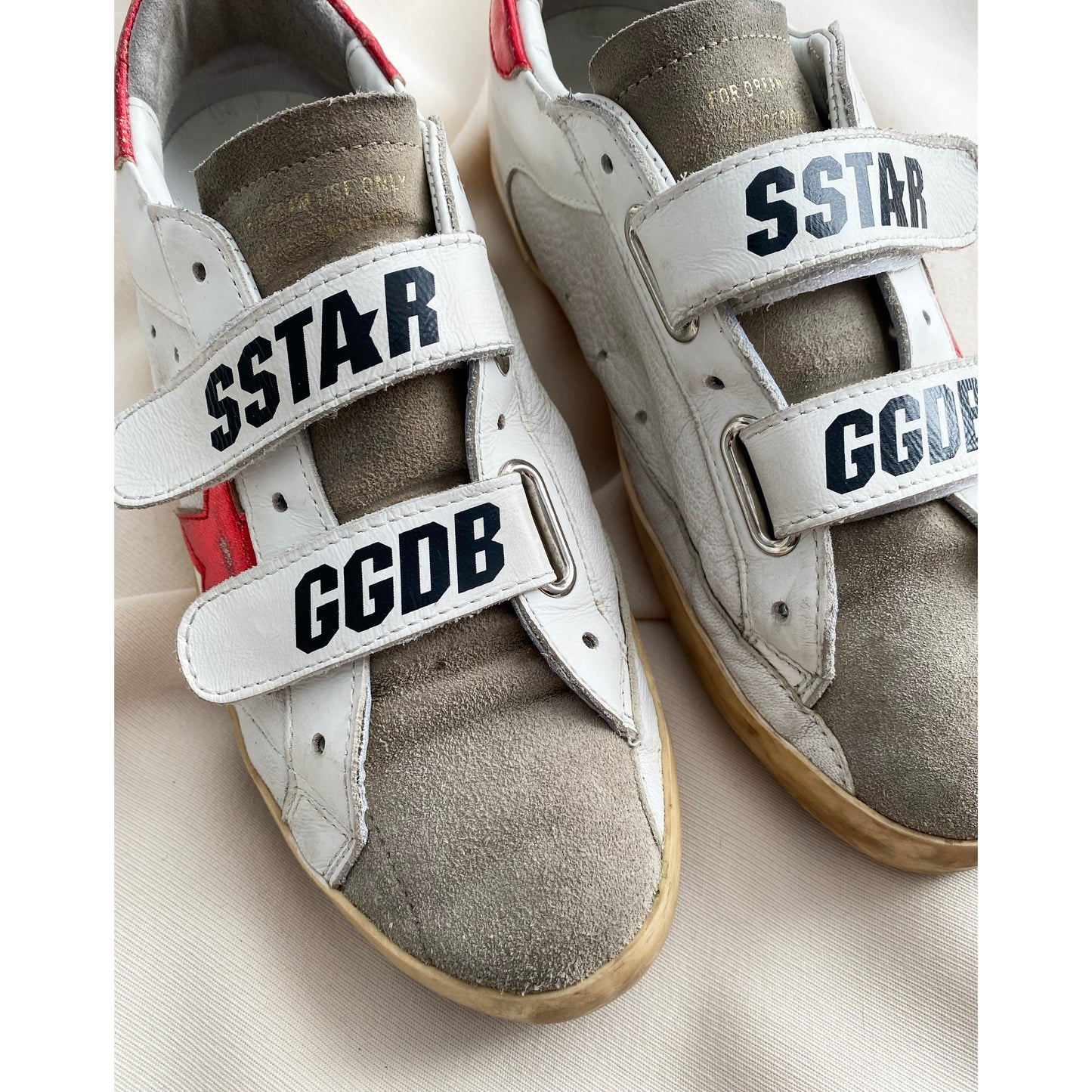 Golden Goose "Old School" Sneakers in Red/White/Taupe, size 38