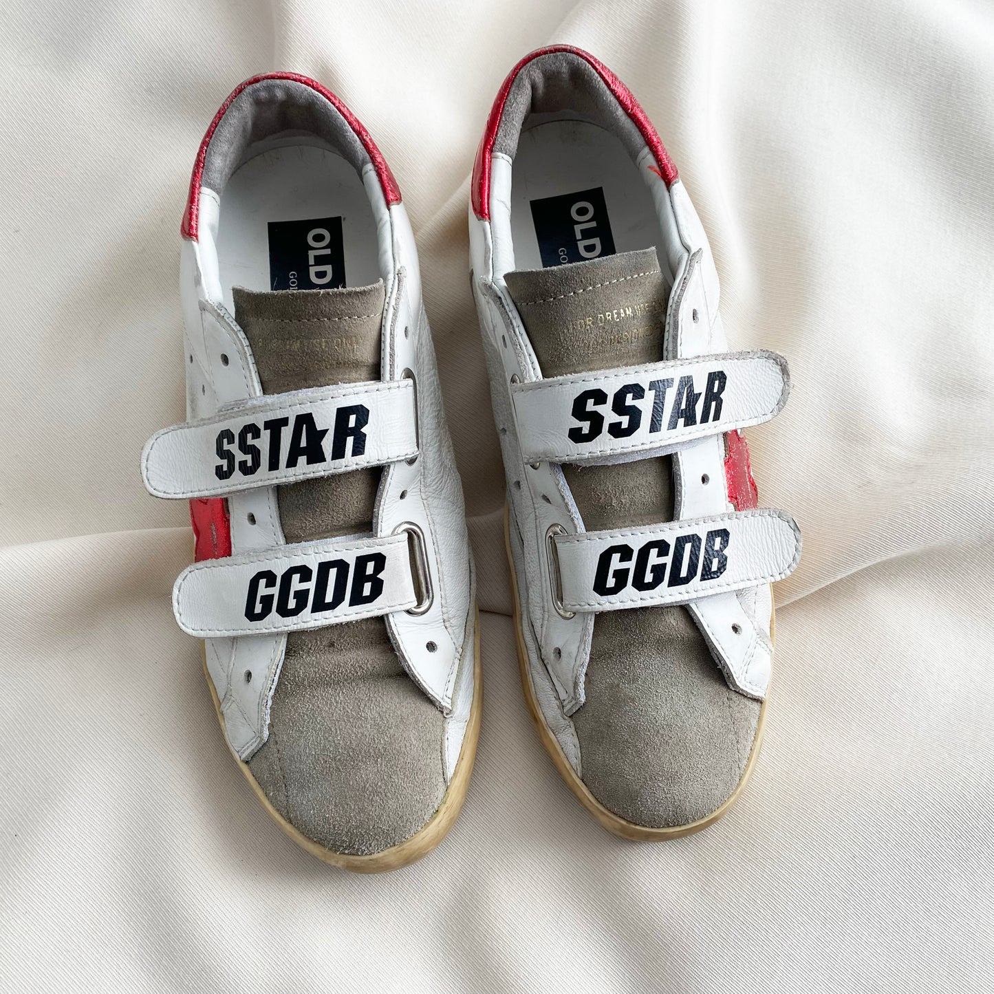 Golden Goose "Old School" Sneakers in Red/White/Taupe, size 38