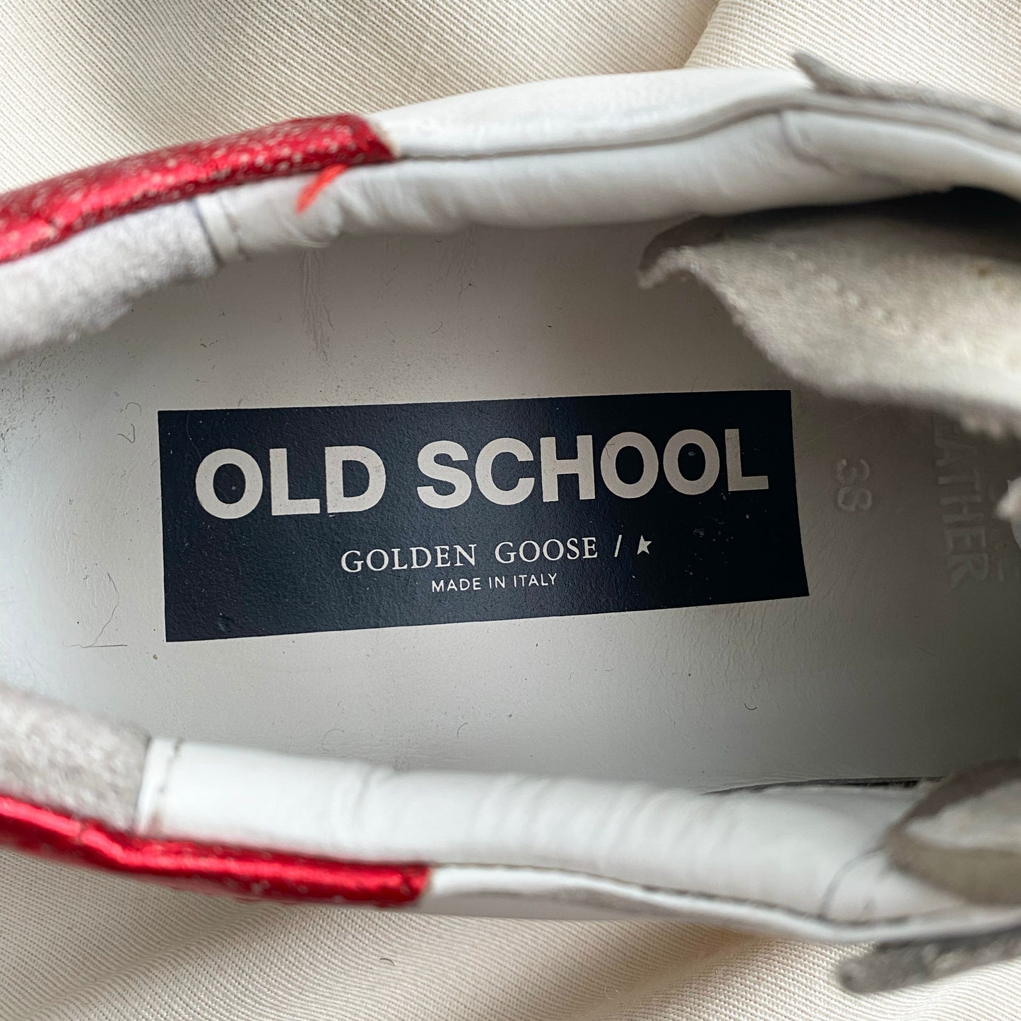 Golden Goose "Old School" Sneakers in Red/White/Taupe, size 38