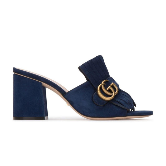Gucci Navy Suede Fringe Marmont Mules, size 37