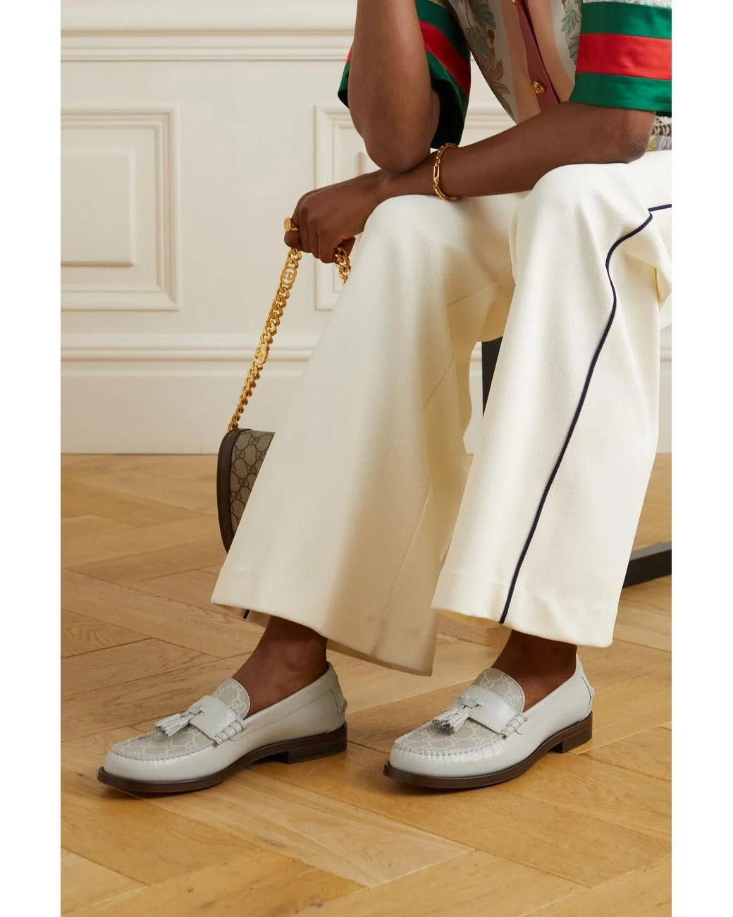 Gucci Leather and Jacquard Tassle Loafers in Ivory, size 38