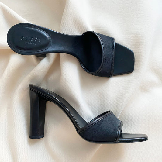 Vintage Gucci Logo Jacquard Mules in Black, size 38