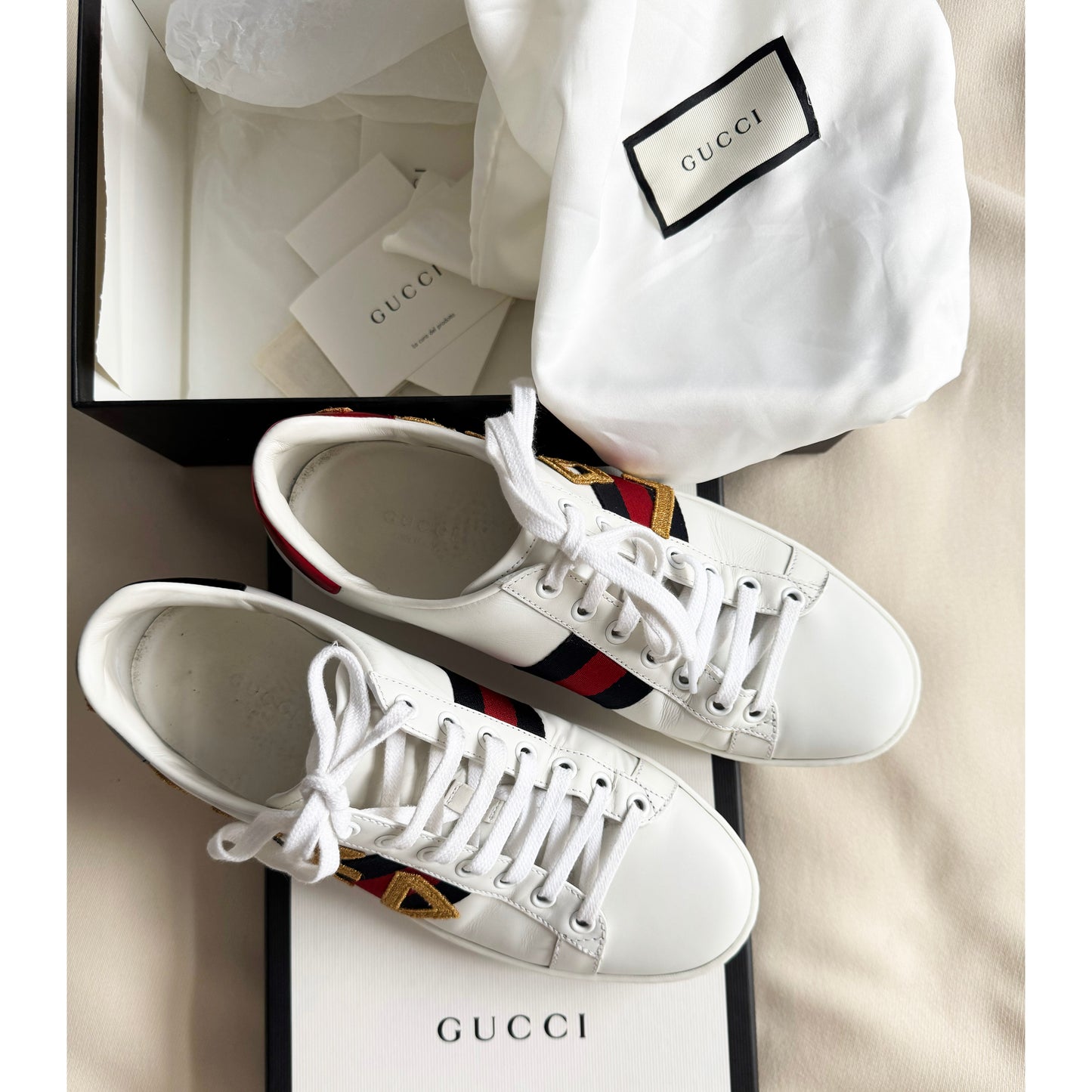 Gucci "Ace" Loved Sneakers in White, size 38 (Fits roomy, like an 8.5)