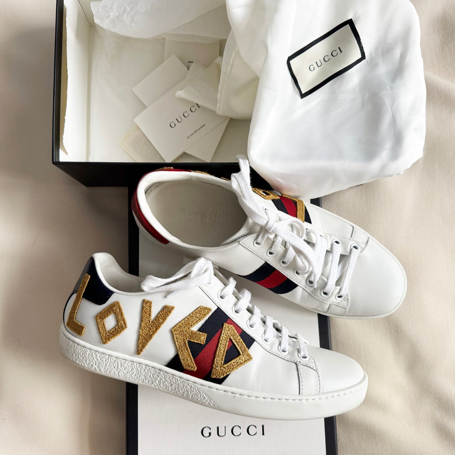 Gucci "Ace" Loved Sneakers in White, size 38 (Fits roomy, like an 8.5)