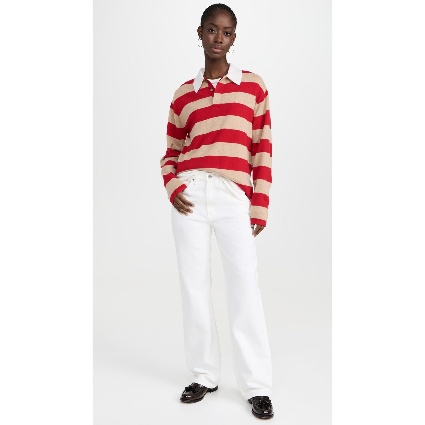 Guest in Residence Striped Rugby Cashmere Sweater in Red/Tan, size Small