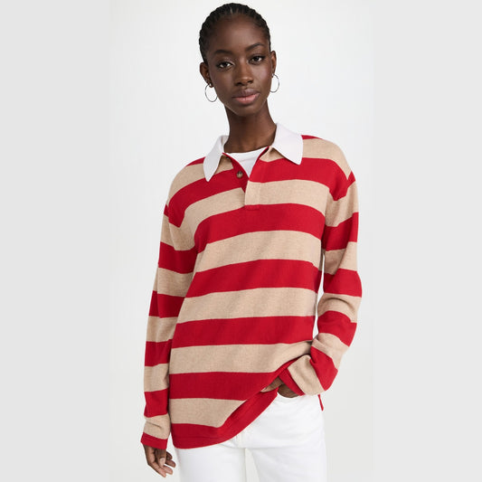 Guest in Residence Striped Rugby Cashmere Sweater in Red/Tan, size Small