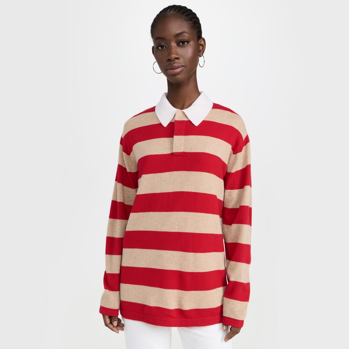Guest in Residence Striped Rugby Cashmere Sweater in Red/Tan, size Small