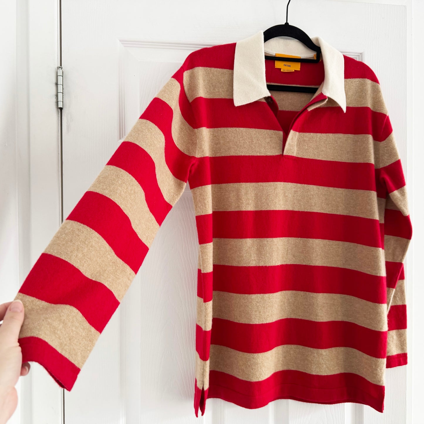 Guest in Residence Striped Rugby Cashmere Sweater in Red/Tan, size Small
