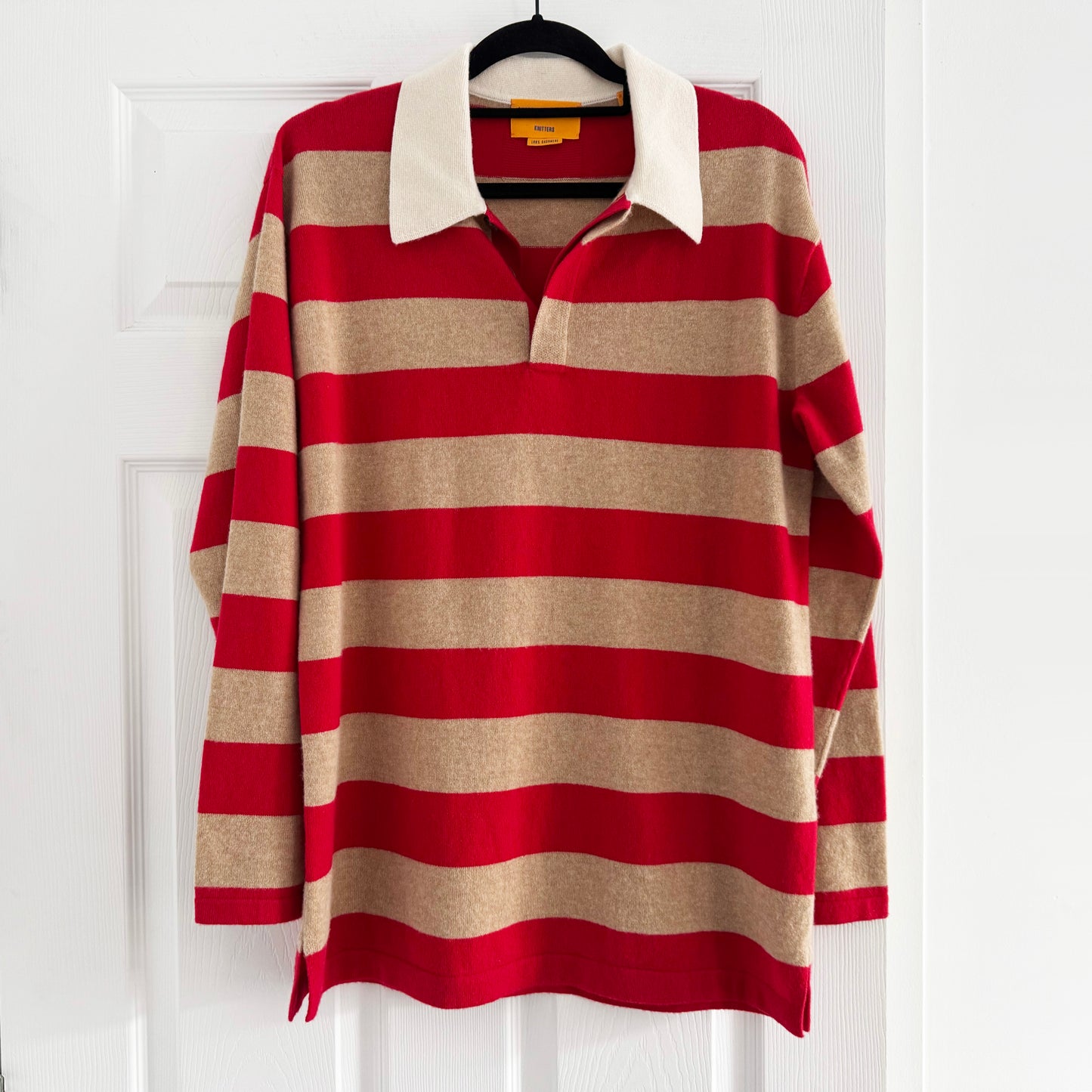 Guest in Residence Striped Rugby Cashmere Sweater in Red/Tan, size Small