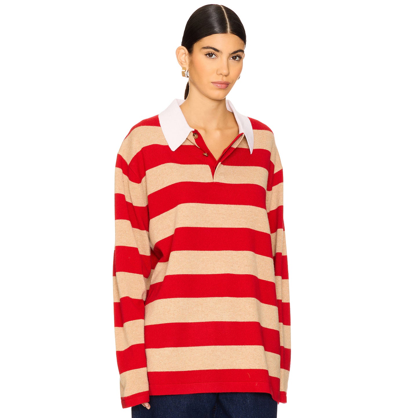 Guest in Residence Striped Rugby Cashmere Sweater in Red/Tan, size Small
