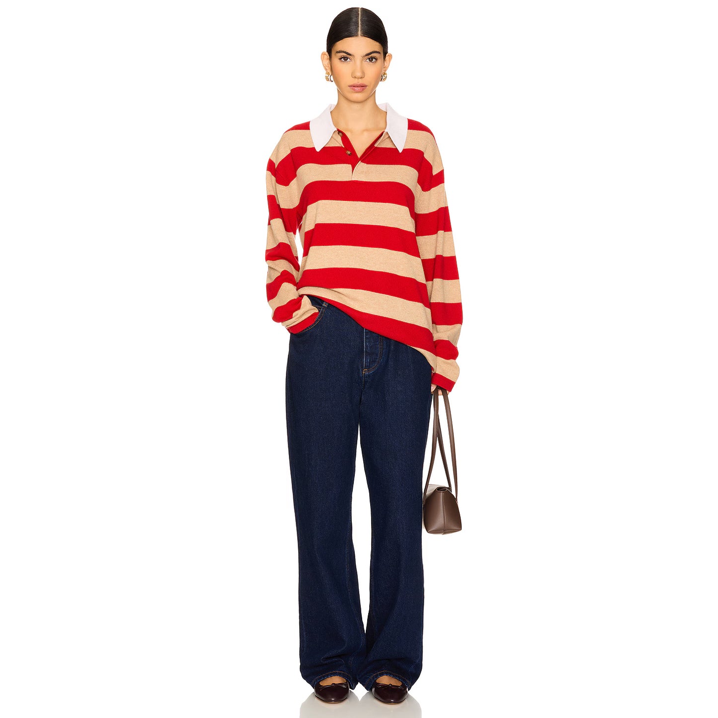 Guest in Residence Striped Rugby Cashmere Sweater in Red/Tan, size Small