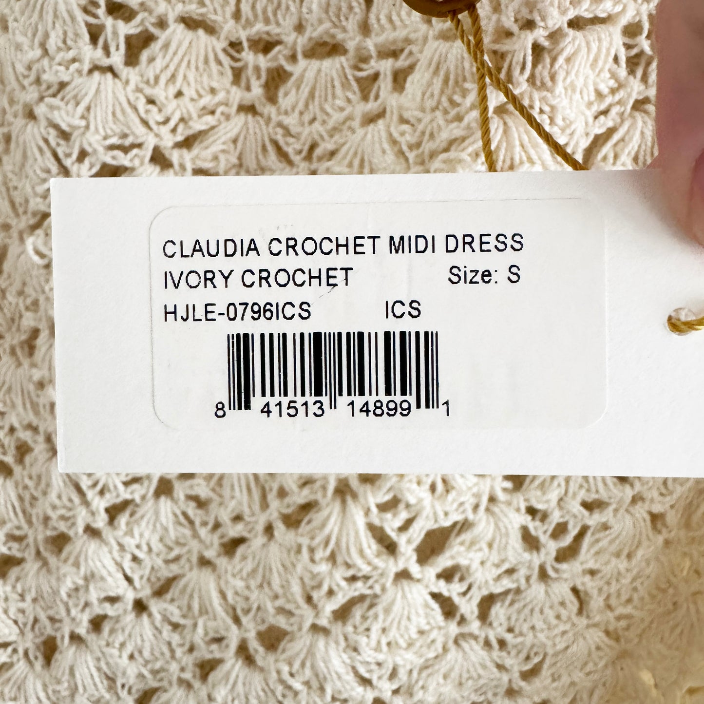 Helen Jon "Claudia" Crochet Midi Dress in Ivory, size Small