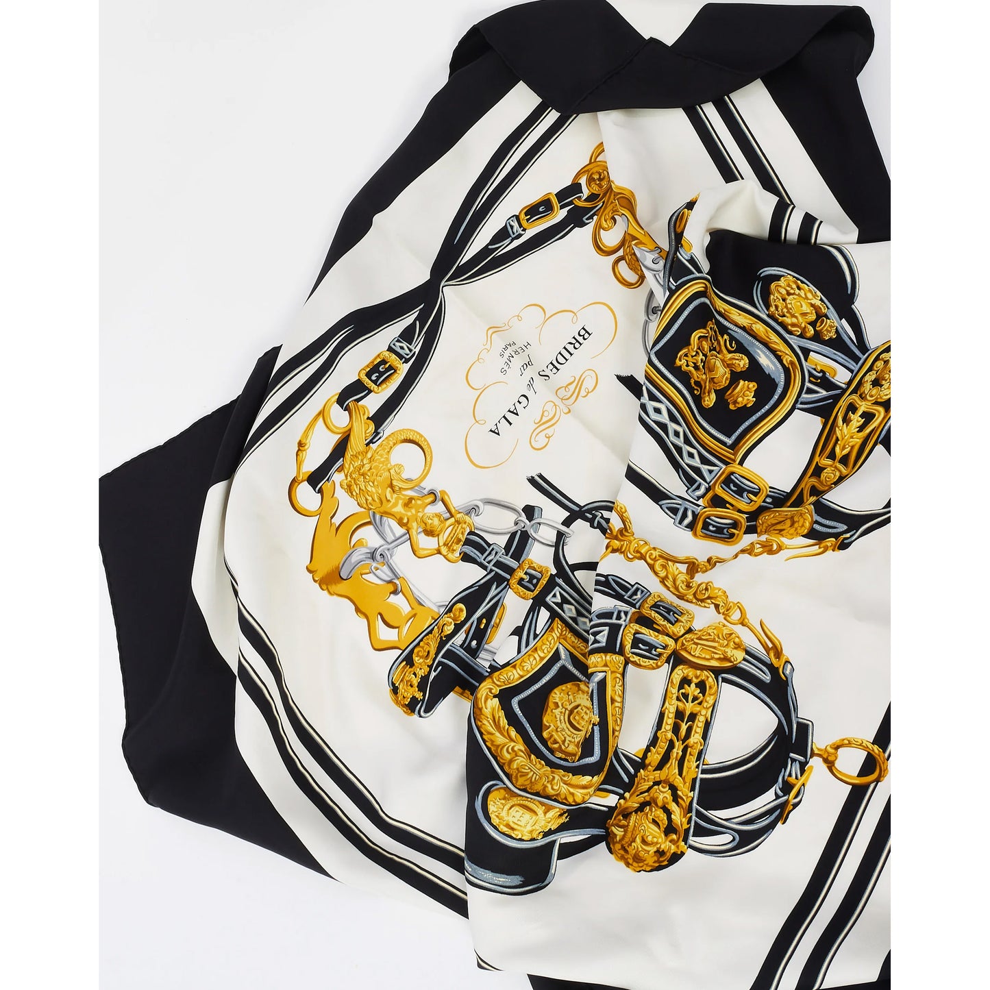 Hermes "Brides de Gala" 90cm Scarf in noir / crème / gold