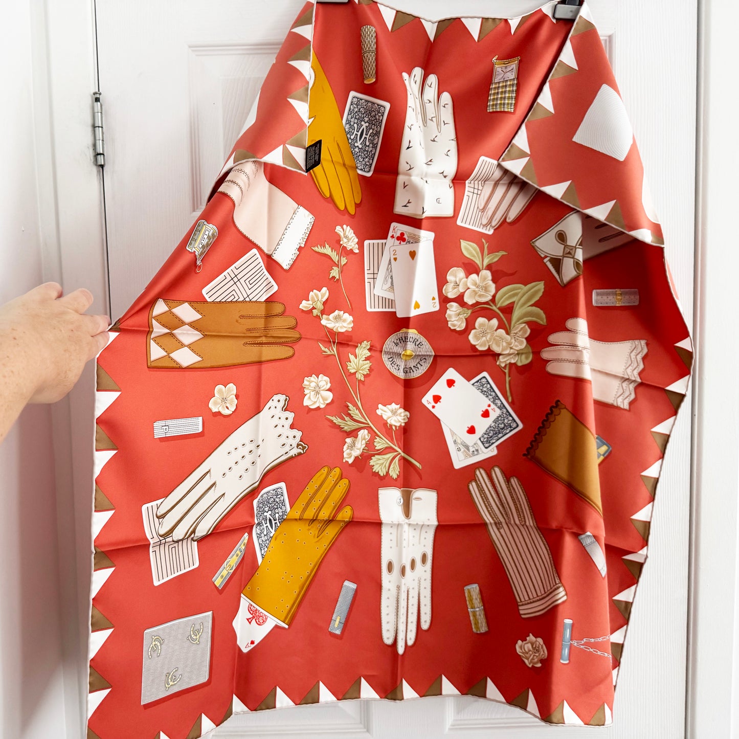 Hermes "L'Heure des Gants" 90cm Silk Scarf in Corail / Gris / Caramel